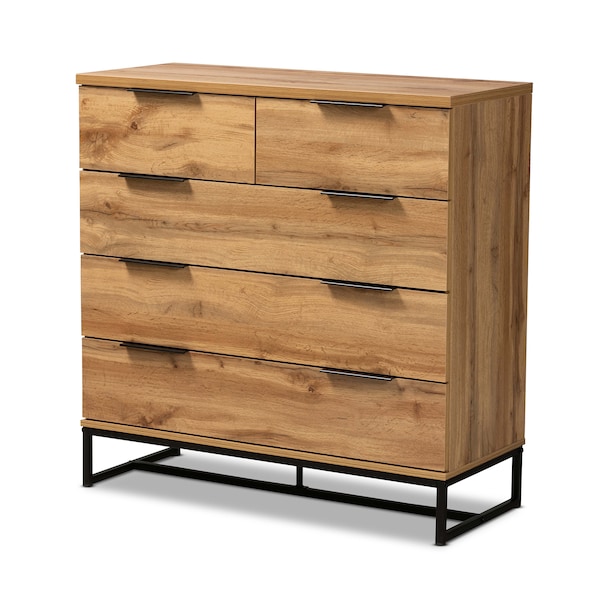 Baxton Studio Franklin Modern and Contemporary Oak Finished Wood and Black Finished Metal 5-Drawer Bedroom Chest 180-13827-Zoro - main